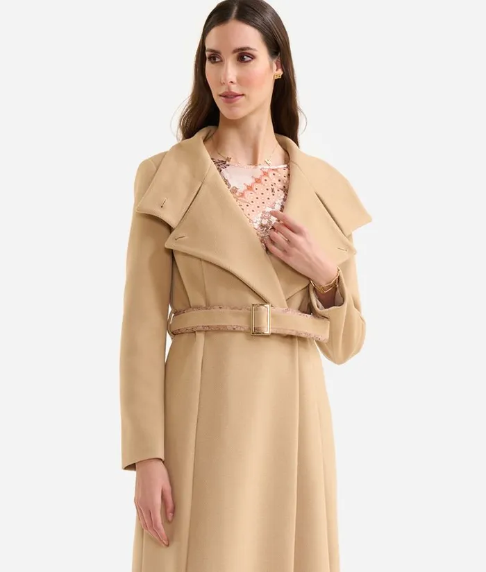 Woman Coats and Jackets Alviero Martini Long Velour Coat With High Neck Camel