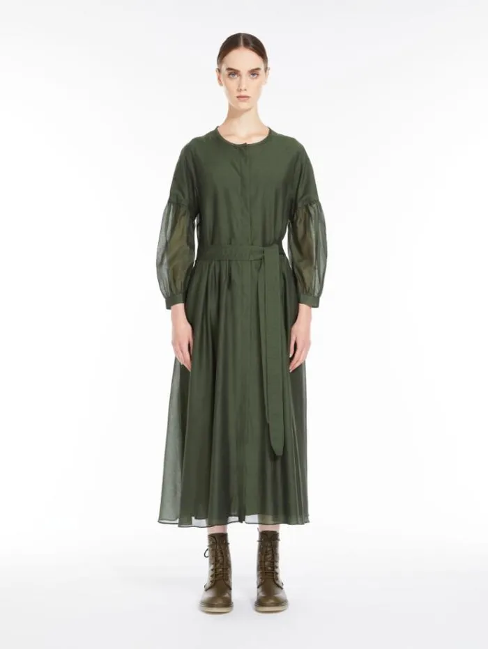 Woman Cotton And Silk Voile Dress Kaki Maxmara Dresses