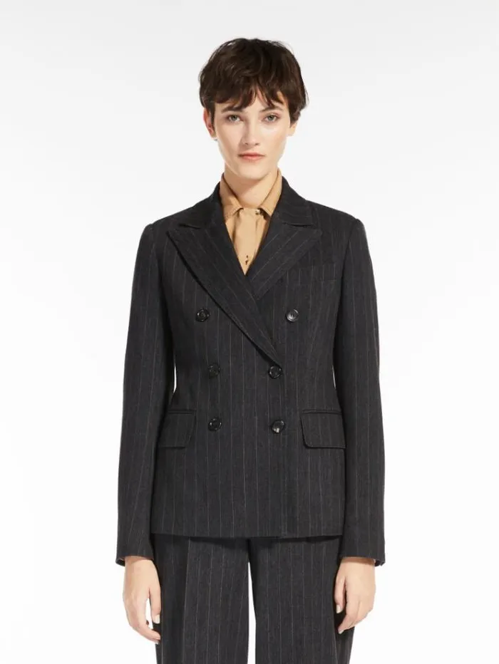 Woman Doublebreasted Blazer In Pinstriped Jersey Dark Grey Maxmara Suit