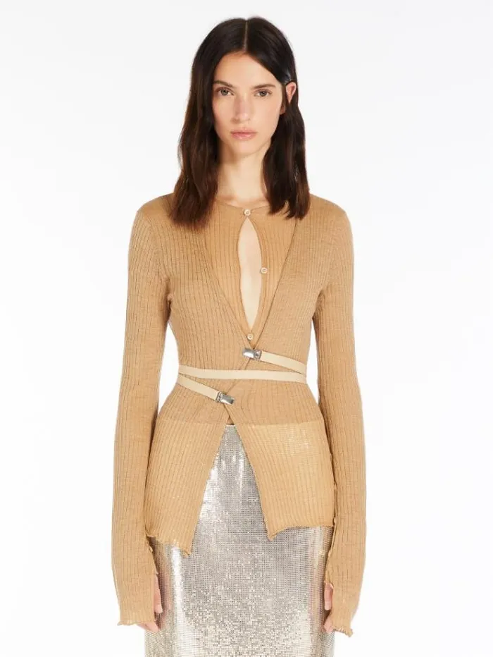 Woman Elasticated Beltembellished Snugfit Sweater Beige Maxmara Knitwear And Sweatshirts