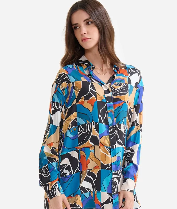 Woman Knitwears Shirts and Tops Alviero Martini Desert Rose Print Viscose Oversize Shirt Blue
