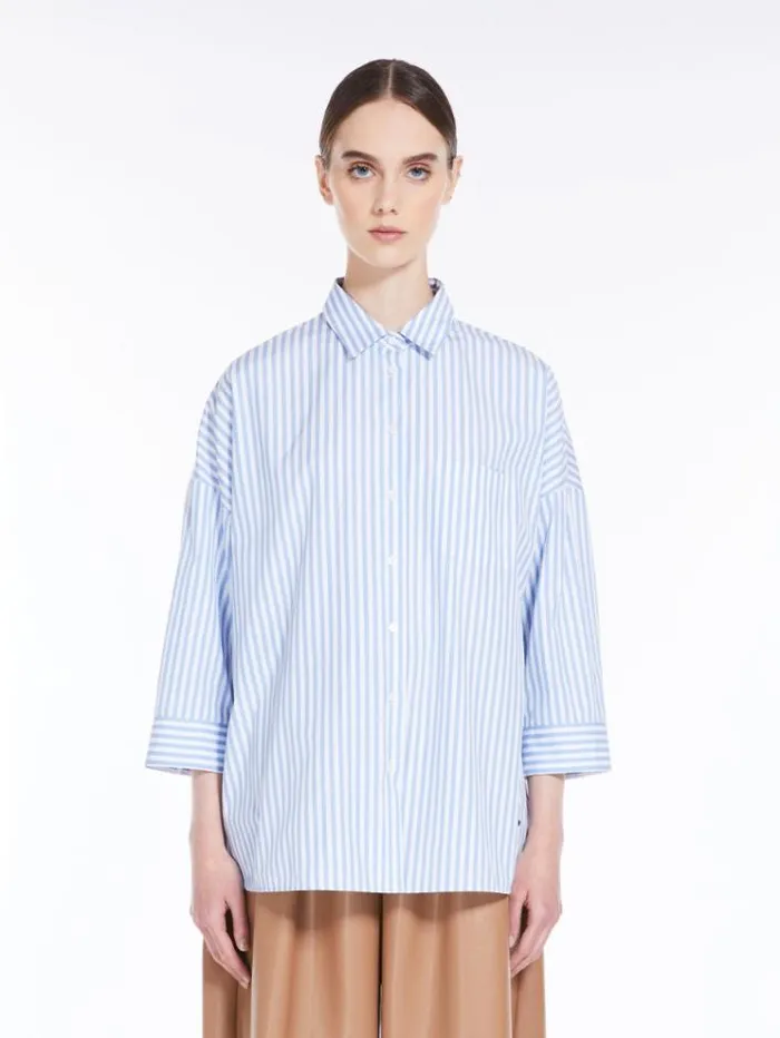 Woman Loose Shirt In Striped Poplin Light Blue Maxmara Shirts And Tops