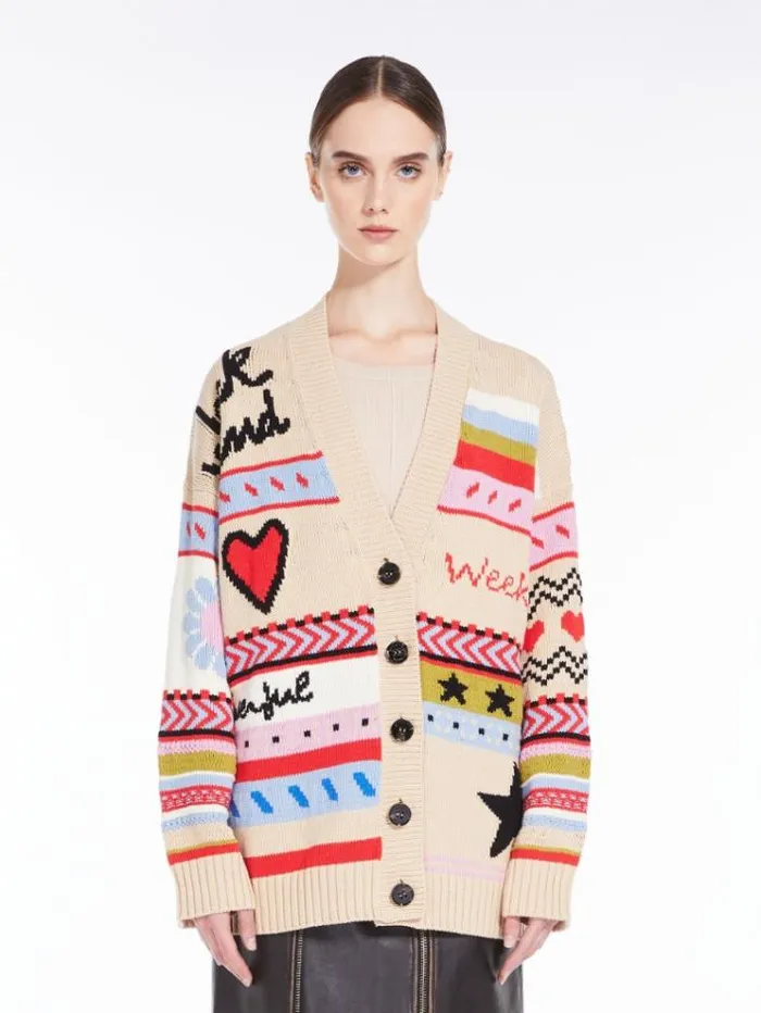 Woman Oversized Jacquard Cotton Cardigan Beige Maxmara Knitwear And Sweatshirts