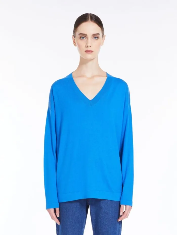 Woman Oversized Knit Top In Silk And Cotton China Blue Maxmara Knitwear And Sweatshirts
