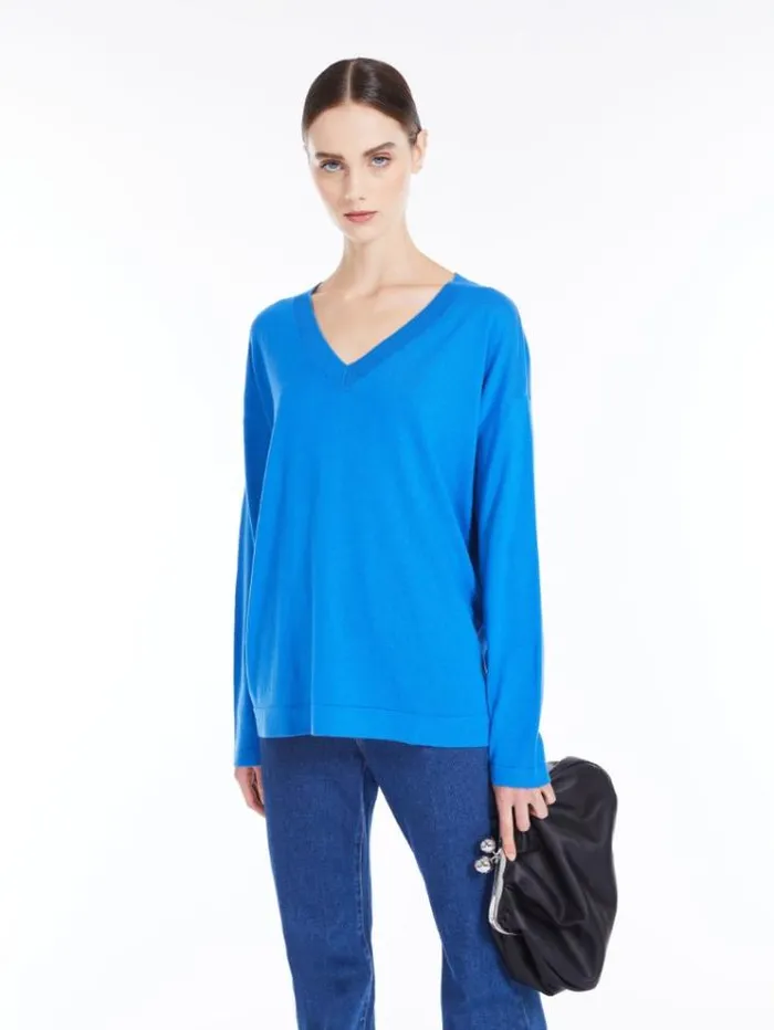 Woman Oversized Knit Top In Silk And Cotton China Blue Maxmara Knitwear And Sweatshirts Woman Oversized Knit Top In Silk And Cotton China Blue Maxmara Knitwear And Sweatshirts