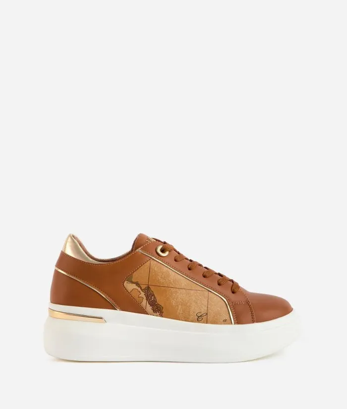 Woman Sneakers Alviero Martini Faux Napa Leather Sneakers With HighFrequency Embossed Logo Leather Brown