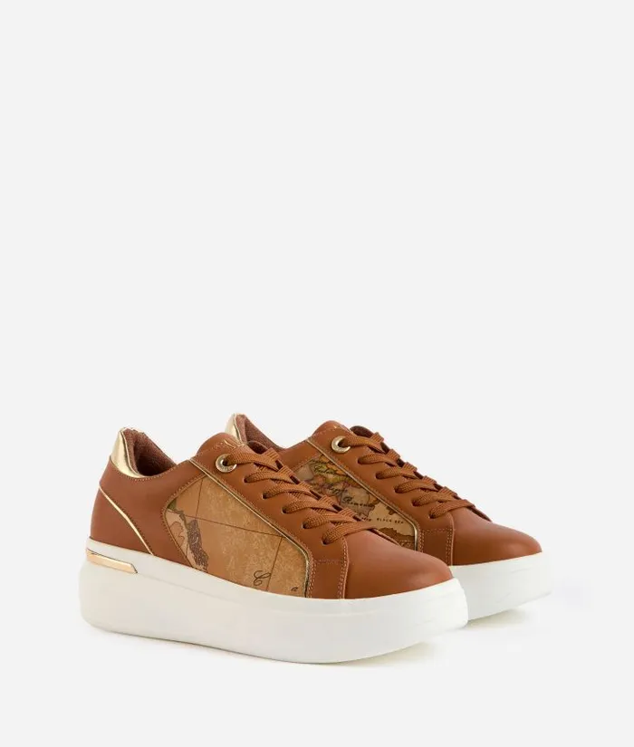 Woman Sneakers Alviero Martini Faux Napa Leather Sneakers With HighFrequency Embossed Logo Leather Brown