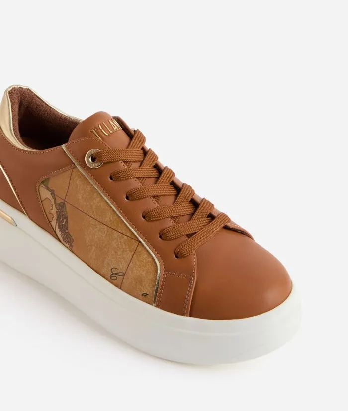 Woman Sneakers Alviero Martini Faux Napa Leather Sneakers With HighFrequency Embossed Logo Leather Brown