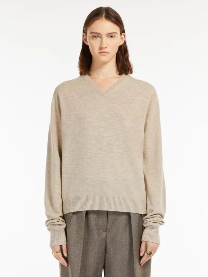 Woman Wool And Cashmere Vneck Sweater Beige Maxmara Knitwear And Sweatshirts