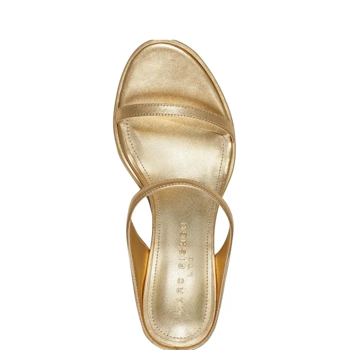 Women Alonde Heeled Slide Sandal Gold Leather Marc Fisher Mules and Slides