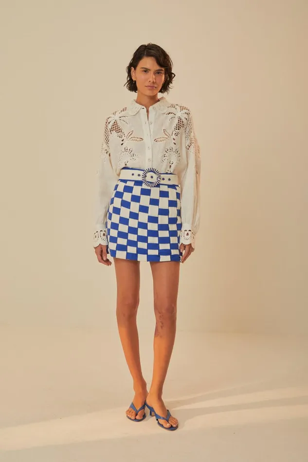 Women Bicolor Interweaving Euroflax Premium Linen Mini Skirt Offwhiteblue FARM Rio Skirts