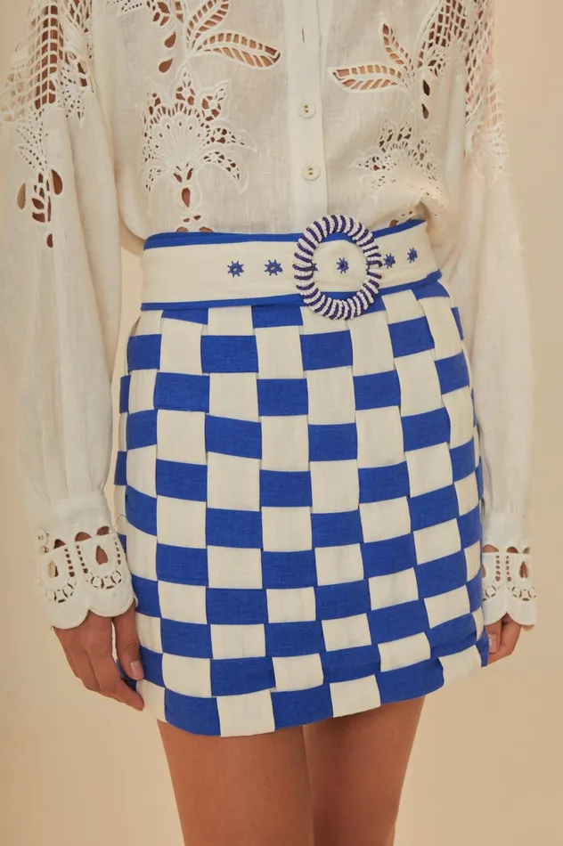 Women Bicolor Interweaving Euroflax Premium Linen Mini Skirt Offwhiteblue FARM Rio Skirts