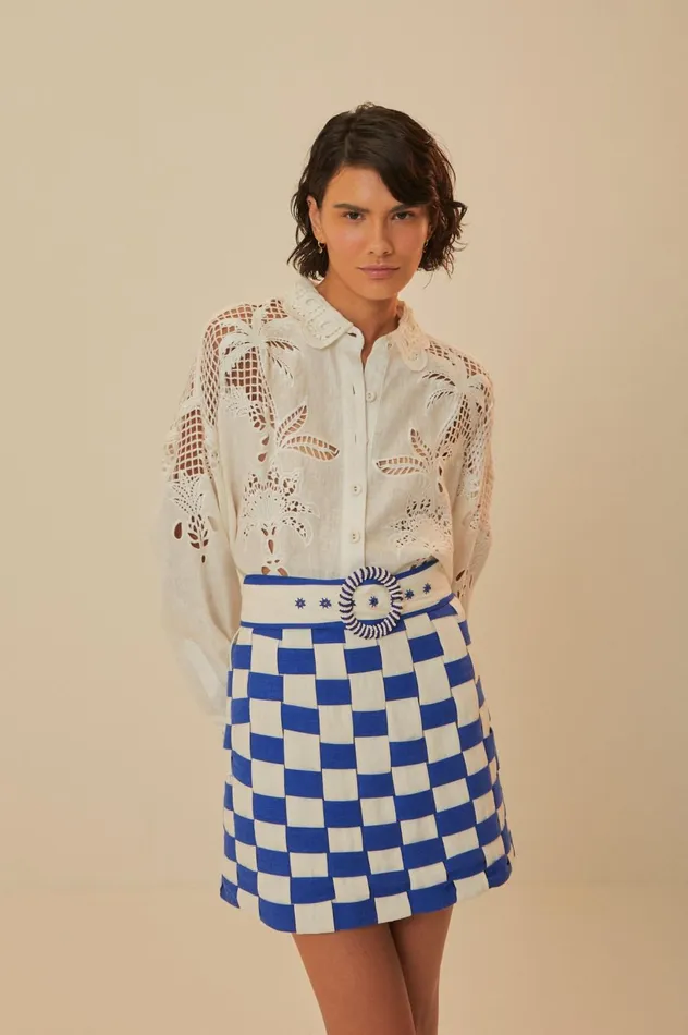 Women Bicolor Interweaving Euroflax Premium Linen Mini Skirt Offwhiteblue FARM Rio Skirts