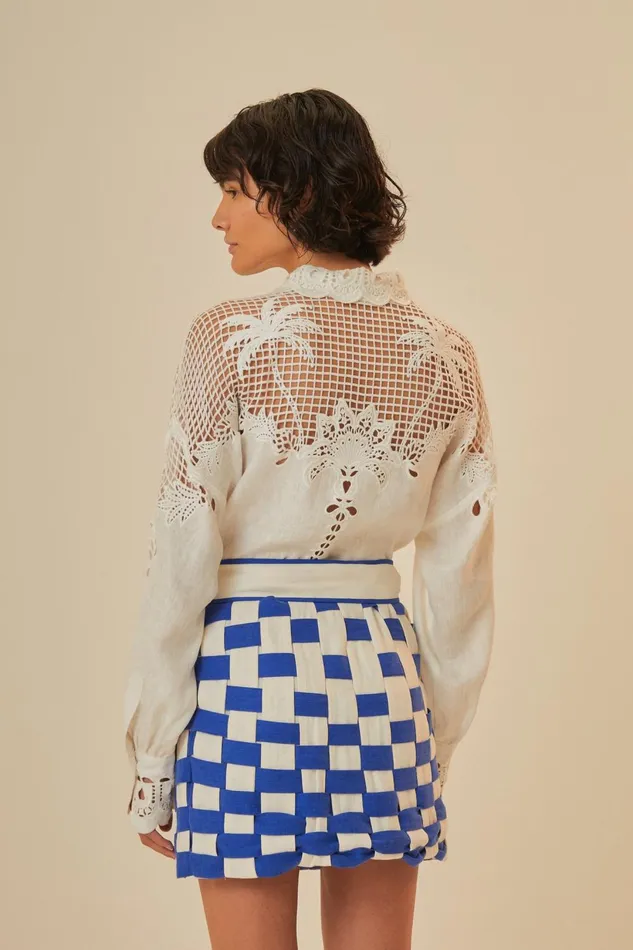 Women Bicolor Interweaving Euroflax Premium Linen Mini Skirt Offwhiteblue FARM Rio Skirts
