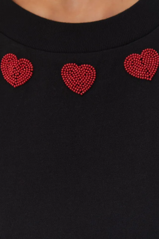 Women Black Beaded Hearts TShirt Black FARM Rio Tshirts