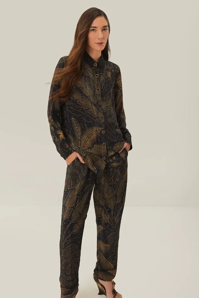 Women Black Golden Foliage Pajama Pants Golden Foliage Black FARM Rio Pants