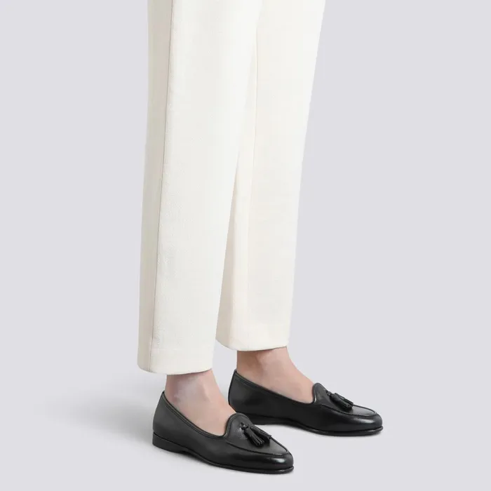 Women Black Leather Andrea Tassel Loafer Santoni Loafers