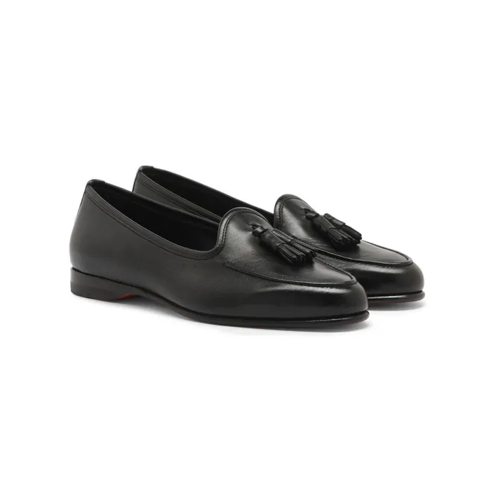 Women Black Leather Andrea Tassel Loafer Santoni Loafers