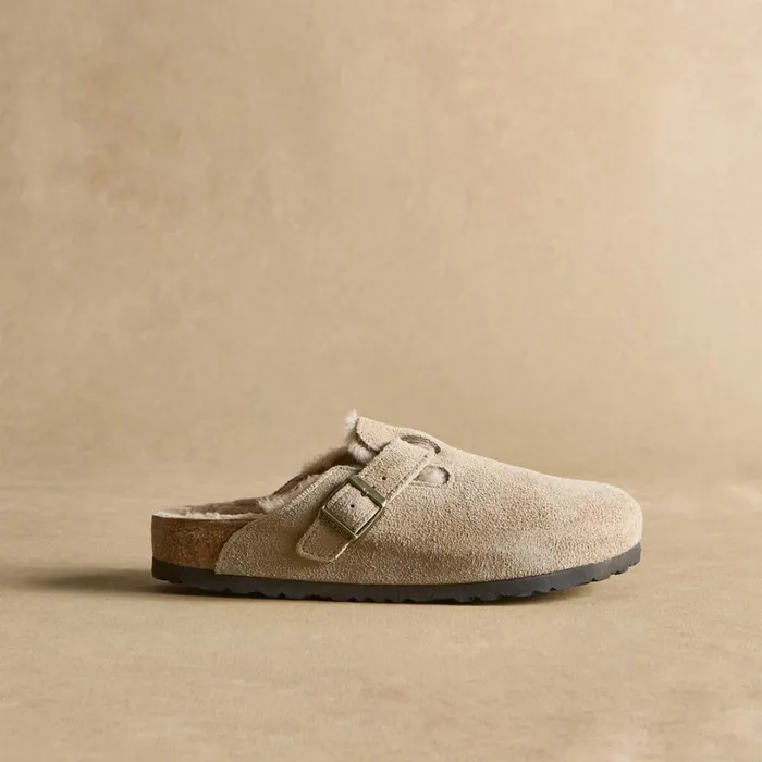 Women Boston Shearling Suede Mules Taupe Sundance Catalog Shoes