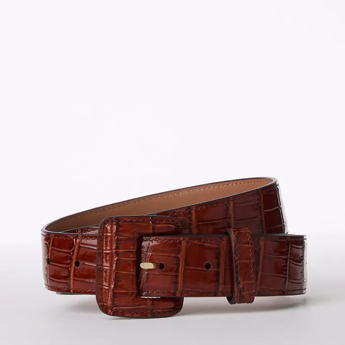 Women Brahmin Belts Wide Covered Leather Buckle Belt Pecan Classic Vintage Croc