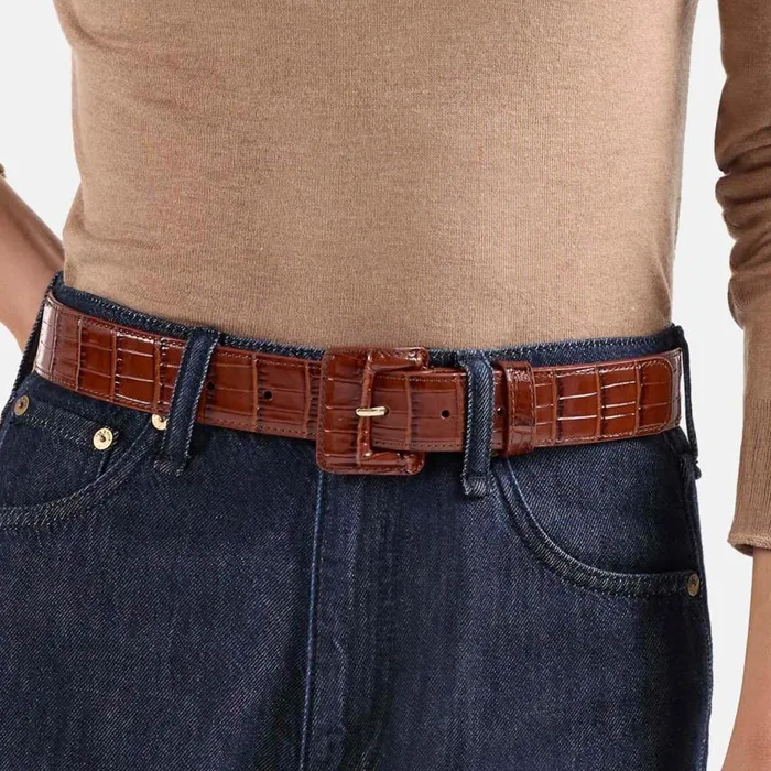 Women Brahmin Belts Wide Covered Leather Buckle Belt Pecan Classic Vintage Croc