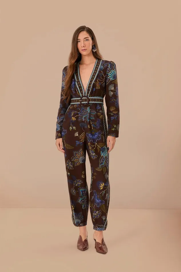 Women Brown Embroidered Garden V Neck Jumpsuit Embroidered Garden Brown FARM Rio Jumpsuits