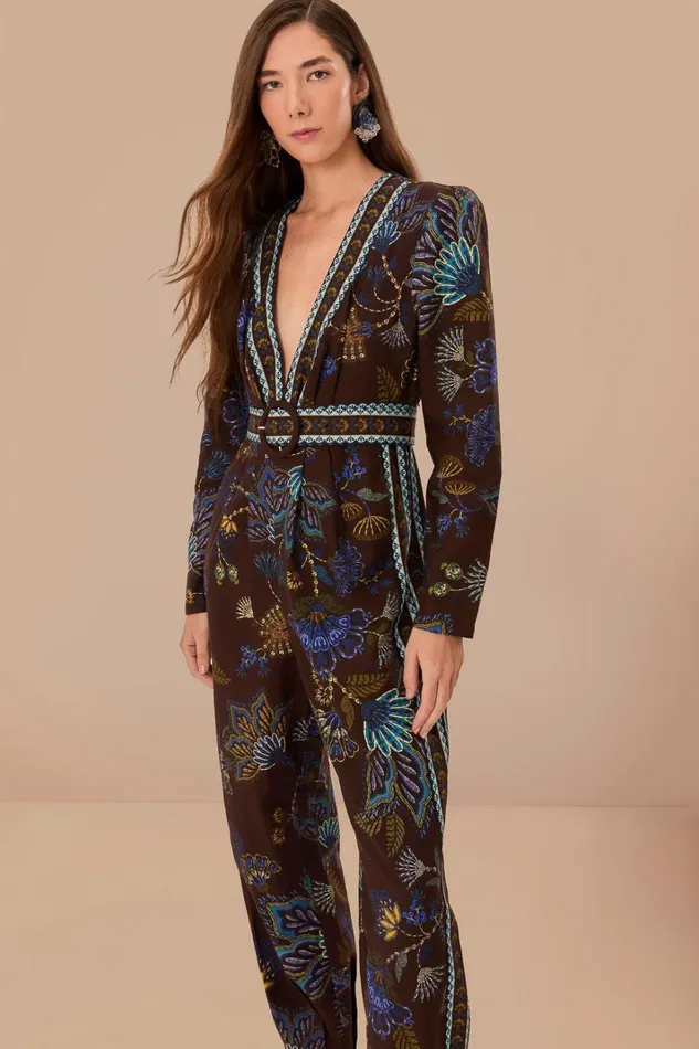 Women Brown Embroidered Garden V Neck Jumpsuit Embroidered Garden Brown FARM Rio Jumpsuits