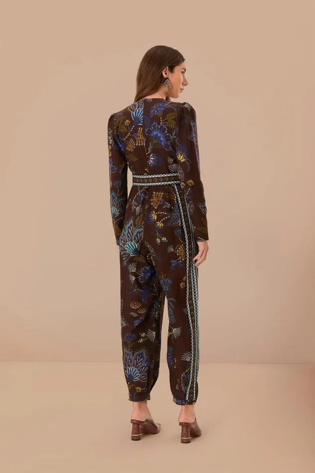 Women Brown Embroidered Garden V Neck Jumpsuit Embroidered Garden Brown FARM Rio Jumpsuits