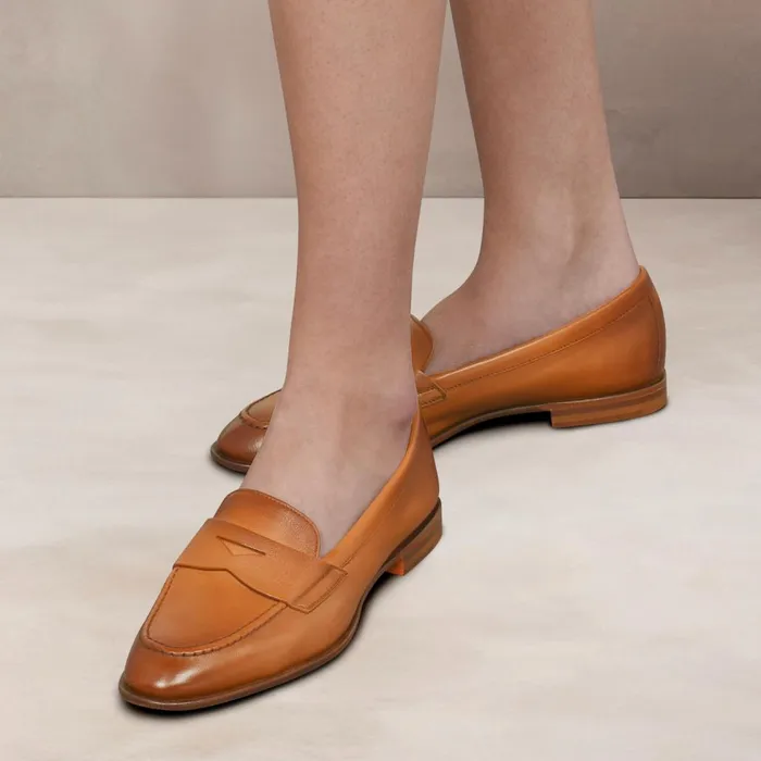 Women Brown Leather Penny Loafer Santoni Loafers
