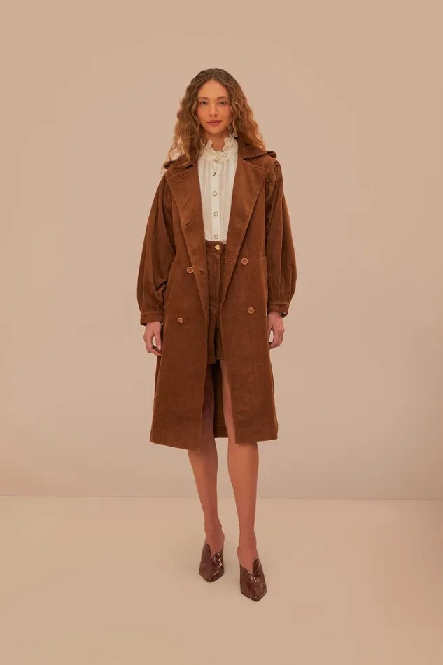 Women Caramel Corduroy Trench Coat Caramel FARM Rio Coats