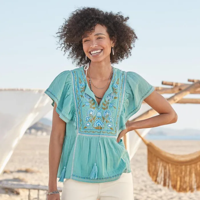 Women Charming Days Top Petite Turquoise Sundance Catalog Petite Styles