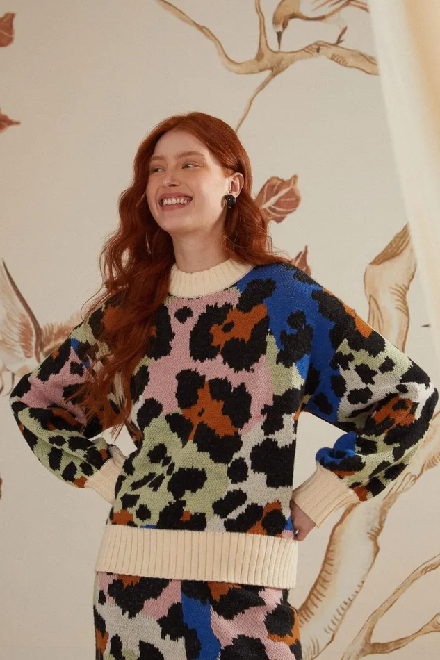 Women Colorful Leopard Knit Sweater Colorful Leopards FARM Rio Sweaters and Sweatshirts