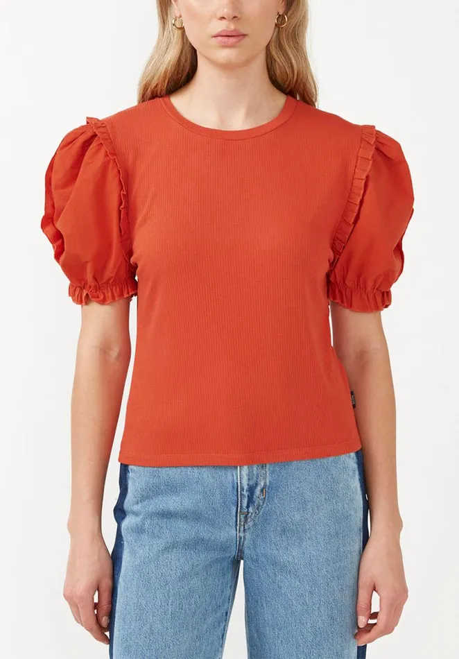 Women Corey Burnt Ochre Orange Mixed Media Womens Top Burnt Ochre Buffalo David Bitton Tops and Tees