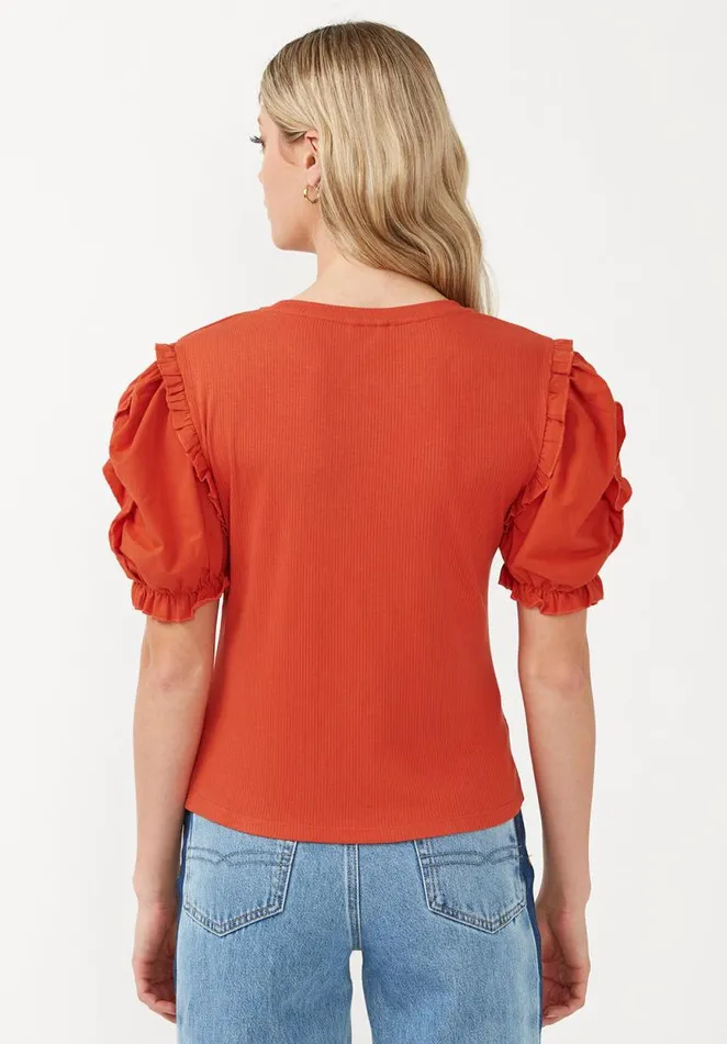 Women Corey Burnt Ochre Orange Mixed Media Womens Top Burnt Ochre Buffalo David Bitton Tops and Tees