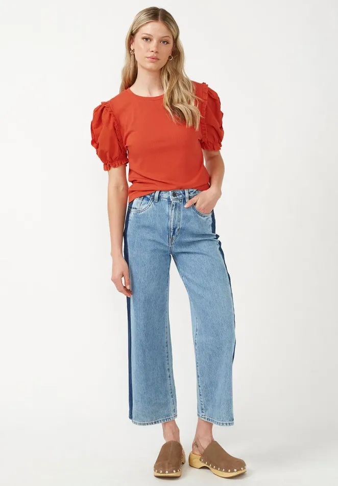 Women Corey Burnt Ochre Orange Mixed Media Womens Top Burnt Ochre Buffalo David Bitton Tops and Tees