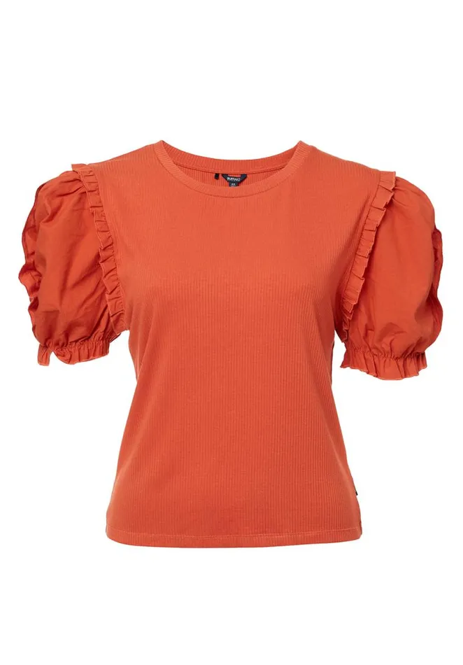Women Corey Burnt Ochre Orange Mixed Media Womens Top Burnt Ochre Buffalo David Bitton Tops and Tees
