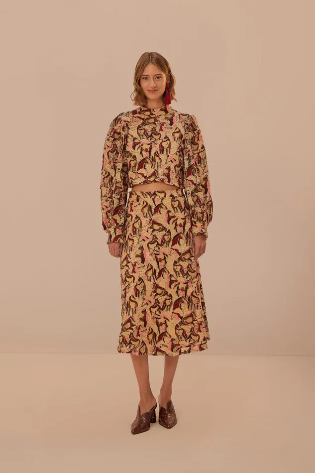 Women Cream Horses Guipure Midi Skirt Grey FARM Rio Skirts