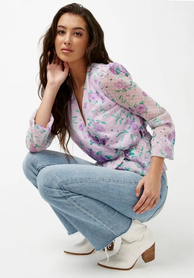 Women Cross Front Davis Blouse Purple Floral Buffalo David Bitton Blouses