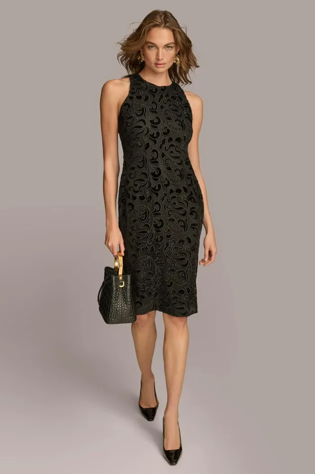 Women Dresses And Jumpsuits Donna Karan LACE VELVET BURNOUT SHEATH DRESS Black