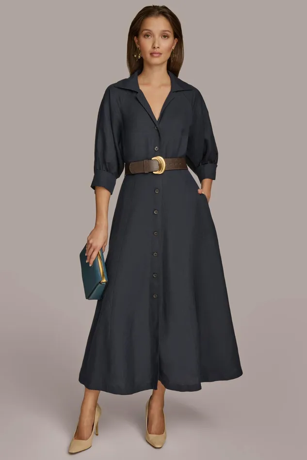 Women Dresses And Jumpsuits Donna Karan LINEN MIDI SHIRT DRESS Nightfall