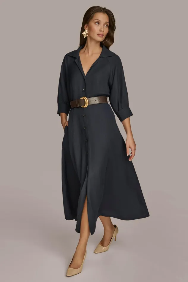 Women Dresses And Jumpsuits Donna Karan LINEN MIDI SHIRT DRESS Nightfall