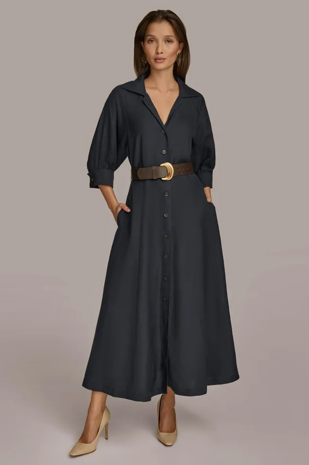 Women Dresses And Jumpsuits Donna Karan LINEN MIDI SHIRT DRESS Nightfall