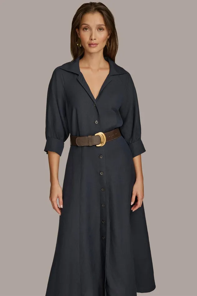 Women Dresses And Jumpsuits Donna Karan LINEN MIDI SHIRT DRESS Nightfall