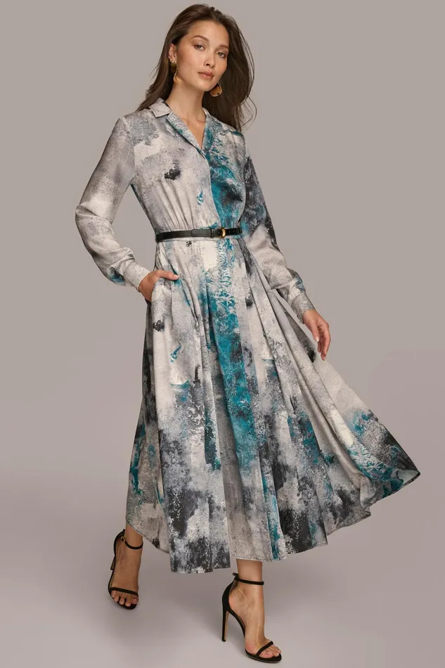 Women Dresses And Jumpsuits Donna Karan PRINTED SHIRT DRESS WITH BELT Peacock Multi