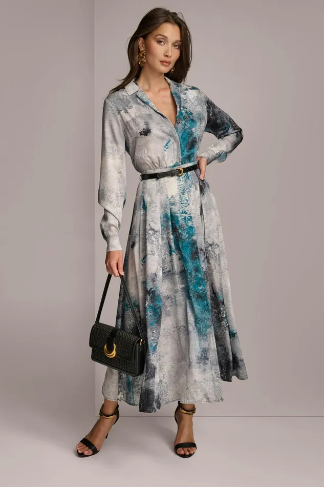 Women Dresses And Jumpsuits Donna Karan PRINTED SHIRT DRESS WITH BELT Peacock Multi