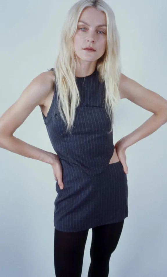 Women Dresses Bec Bridge PINE CUT OUT MINI DRESS Charcoal Pinstripe