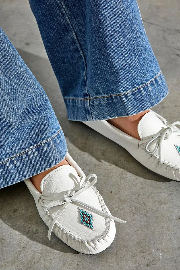 Women Flats Menswear Free People Canoe Leather Moccasins White