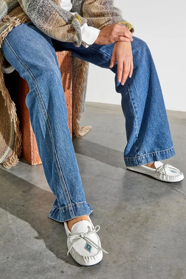 Women Flats Menswear Free People Canoe Leather Moccasins White