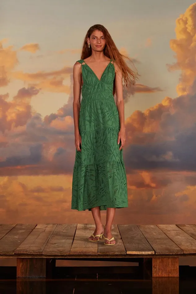 Women Green Monstera Corset Eyelet Maxi Dress Green FARM Rio Maxi Dresses