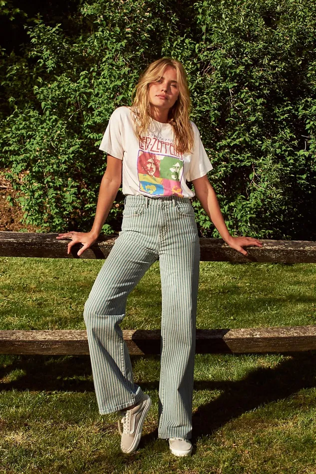 Women HighRise Jeans Free People Astoria Wide Leg Jeans Peppermint Stripe